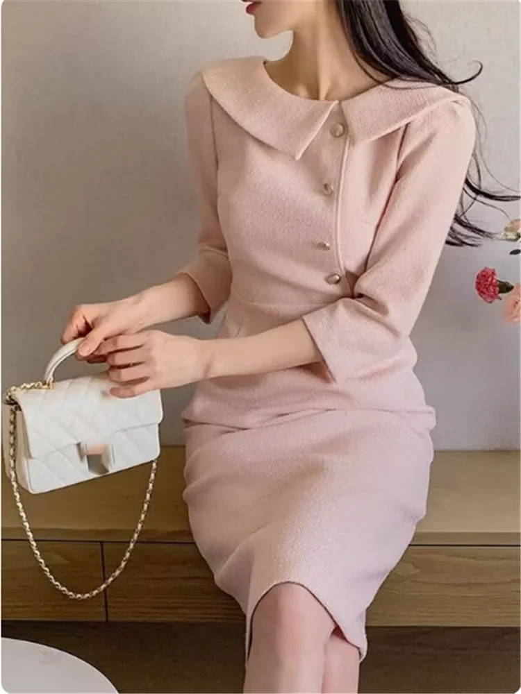 ブラックピンク エレガント レディース 七分袖 スリム ストレート ミディ丈ワンピース 秋新作 セレブ風 ドールカラー ボディコン ワークドレス
