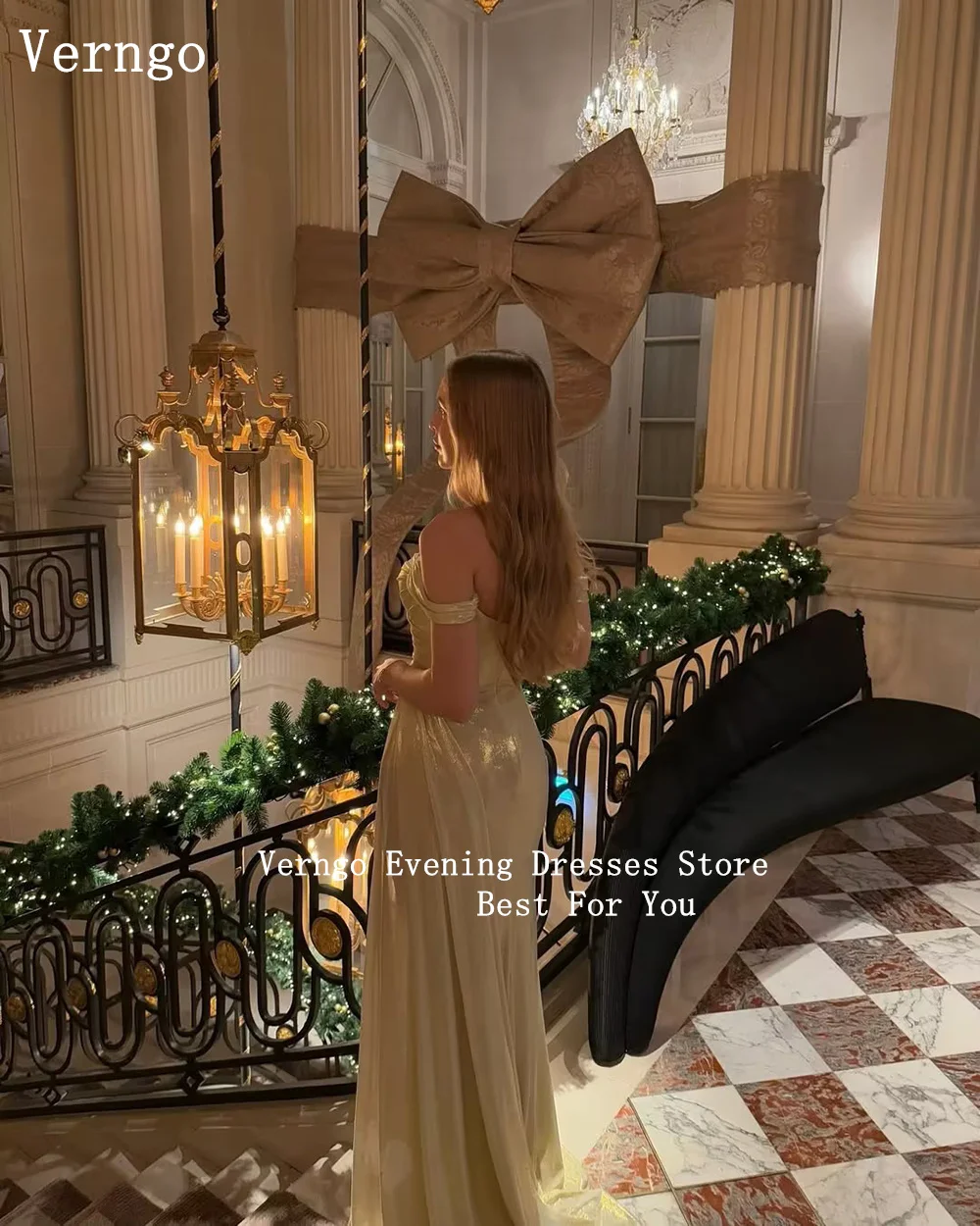 Verngo Champagne Glitteer Evening Dress Off The Shoulder Mermaid Prom Party Dress Elegant Dinnner Prom Gowns Customized
