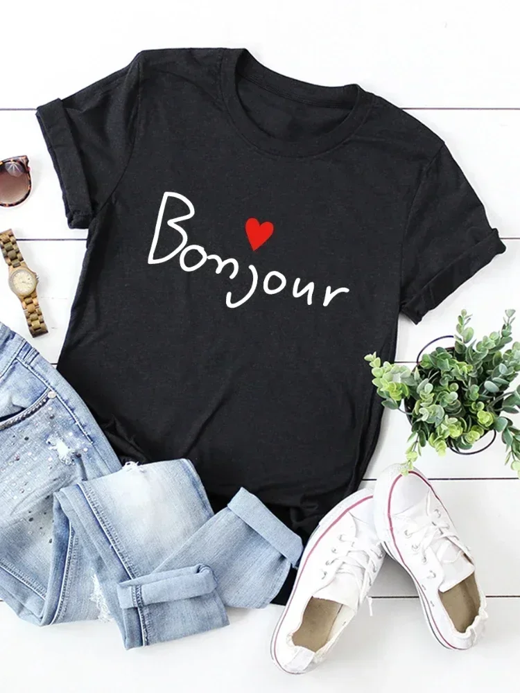 

Bonjour Heart Print Women T Shirt Short Sleeve O Neck Loose Women Tshirt Ladies Tee Shirt Tops Clothes y2k top