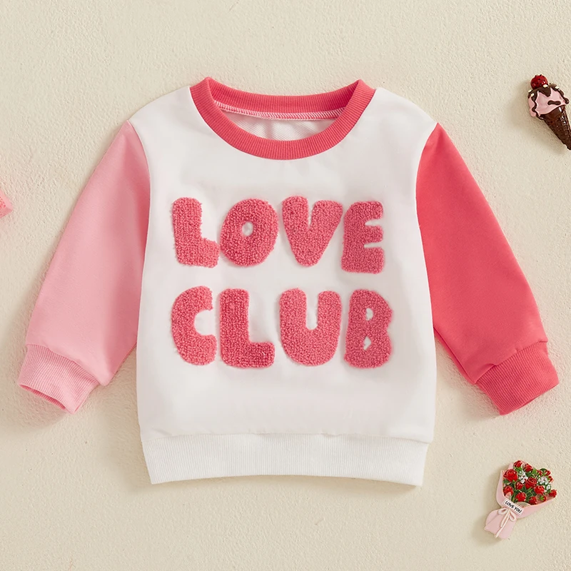 Girl Valentine s Day Sweatshirt Letter Embroidered Contrast Color Long Sleeve Round Neck Casual Tops