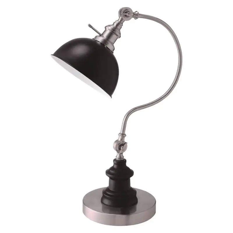 Industrial Style Table Lamp, Satin Nickel Finish, Round Metal Base, Curved Stem Design, Modern Home Lighting Solution.