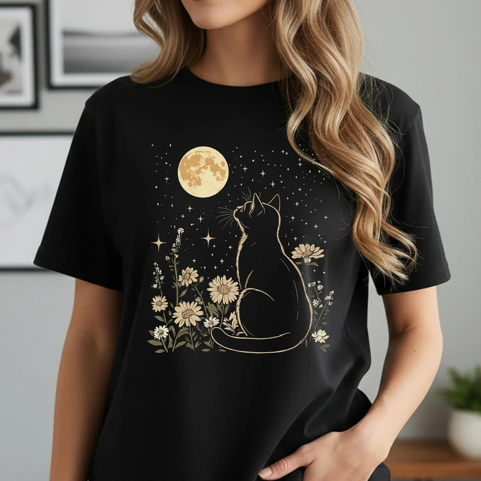 Camiseta Retro con Fase Lunar y Gato, Diseño de Gato Negro y Cielo Estrellado, Camiseta de Manga Corta, Estilo Dark Academia, para Hombre y Mujer