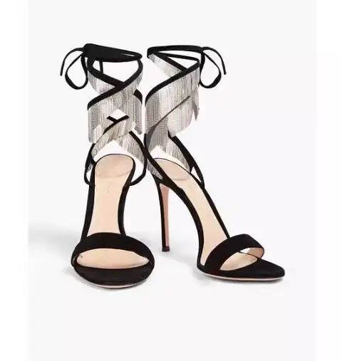 

Moraima Snc Hot Sexy Black Suede Lace-up Silver Rhinestones Tassel Sandals Summer Open Toe Thin Heels Dress Shoes