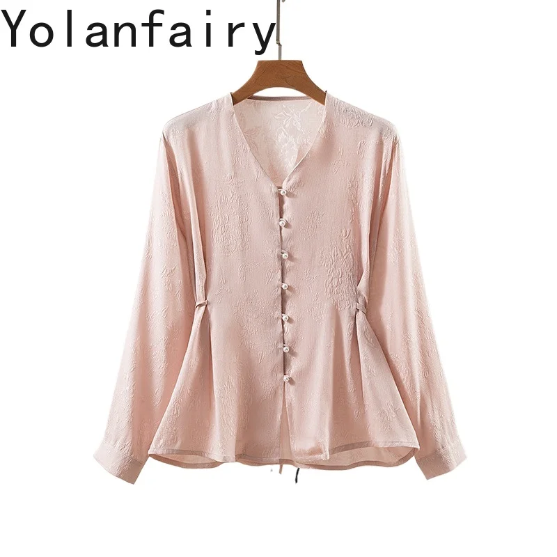

YOLANFAIRY New 93% Mulberry Silk Shirt Women Summer Top 2025 Elegant Jacquard Long Sleeve Shirts Woman V-neck Pink Shirts Damen