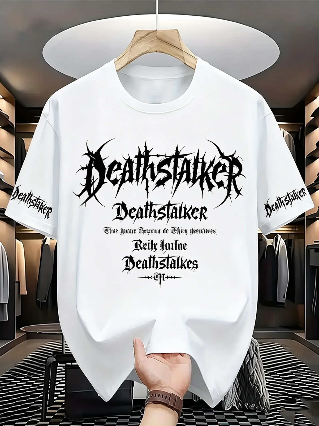 Camiseta de hombre - Estampado de cazador de muertes, top casual, moderno, versátil para uso diario, manga corta