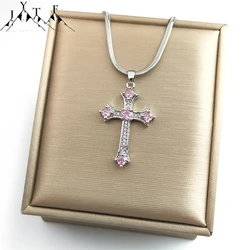Pink Crystal Zircon Cross Y2K Accessories Necklace Women's Neck Chain Stainless Steel Aesthetic Cute Necklaces Jewelry NHH50-4
