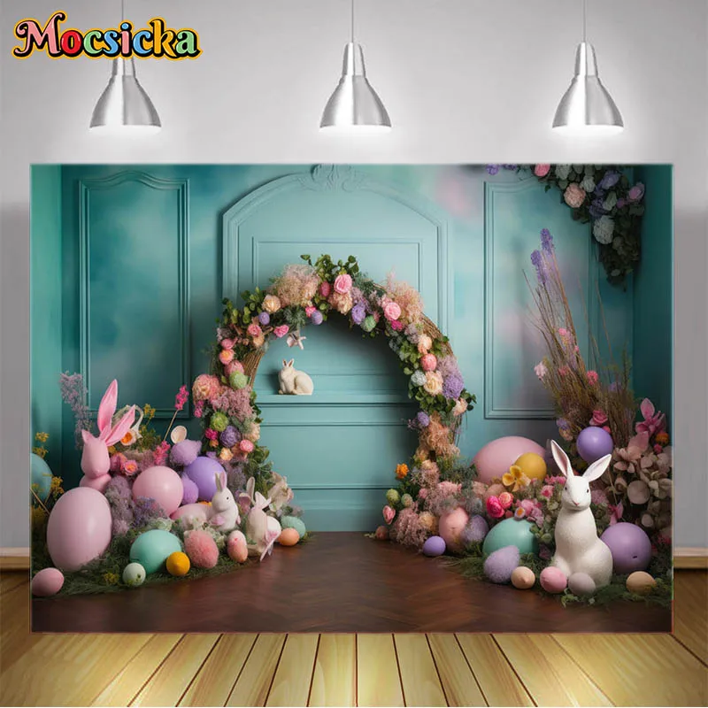 

Mocsicka Photography Backdrop Light Blue Wall Wooden Floor Rabbit Eggs Kids Portrait Background Baby Shower Newborn Photo Banner