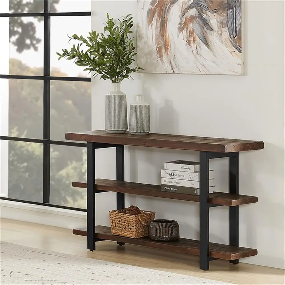 Pomona 48 In. L Solid Pine Solid Wood Media/Console Table W/ 2 Shelves & Metal Legs, Accent Furniture, Home Decor, Natural