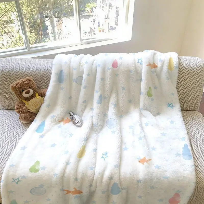 VIKAMA Cute Ocean Fish Flannel Air Conditioner Throw Blanket Star Bubble Print Soft Warm Sofa Bedroom Kids Room Decor