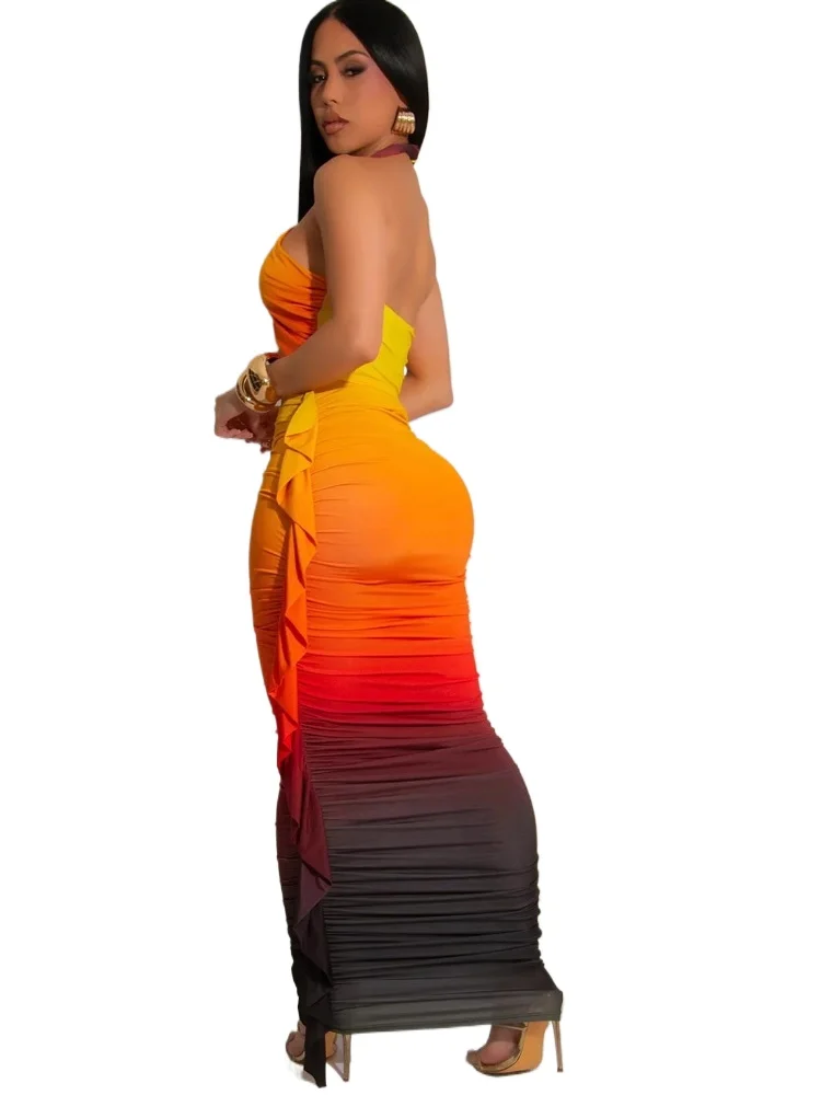 

Summer Tropical Goddess Women's Halter Neck Crop Top And Maxi Skirt Set Tie Dye Ruched Two-Piece Clubwear