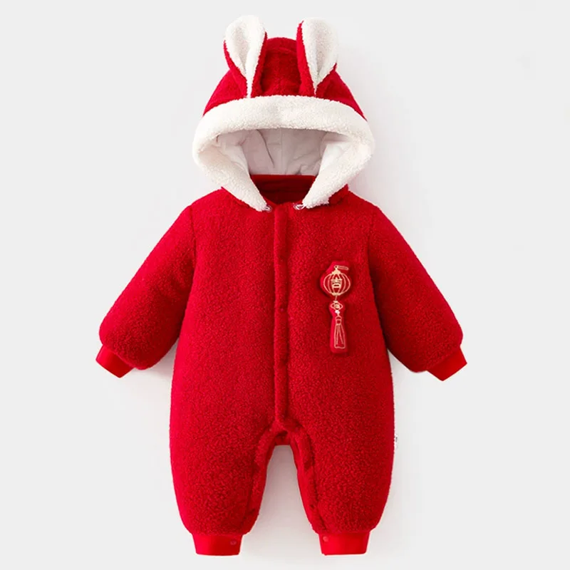 

Зимние комбинезоны для новорожденных девочек, одежда в китайском стиле, милые флисовые комбинезоны с капюшоном, теплые, толстые, красные, на Новый год, детские вещи B352