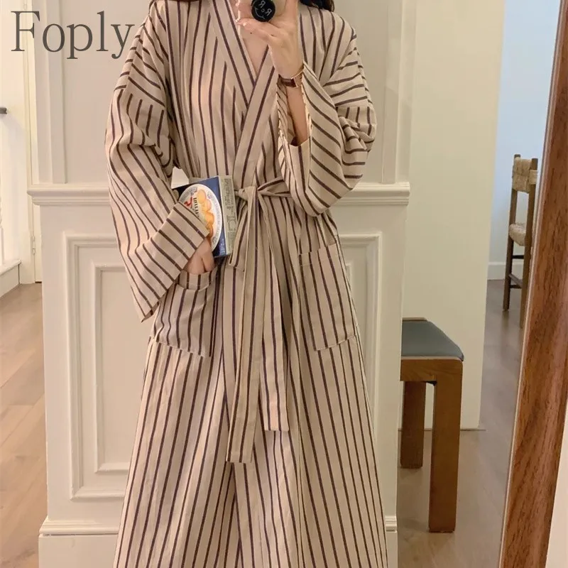 

Women's Ins Style Loose Bathrobe Spring Summer Striped Retro Robe Japanese Pajama Long Kimono Nightgown Home Clothes Sleepwear