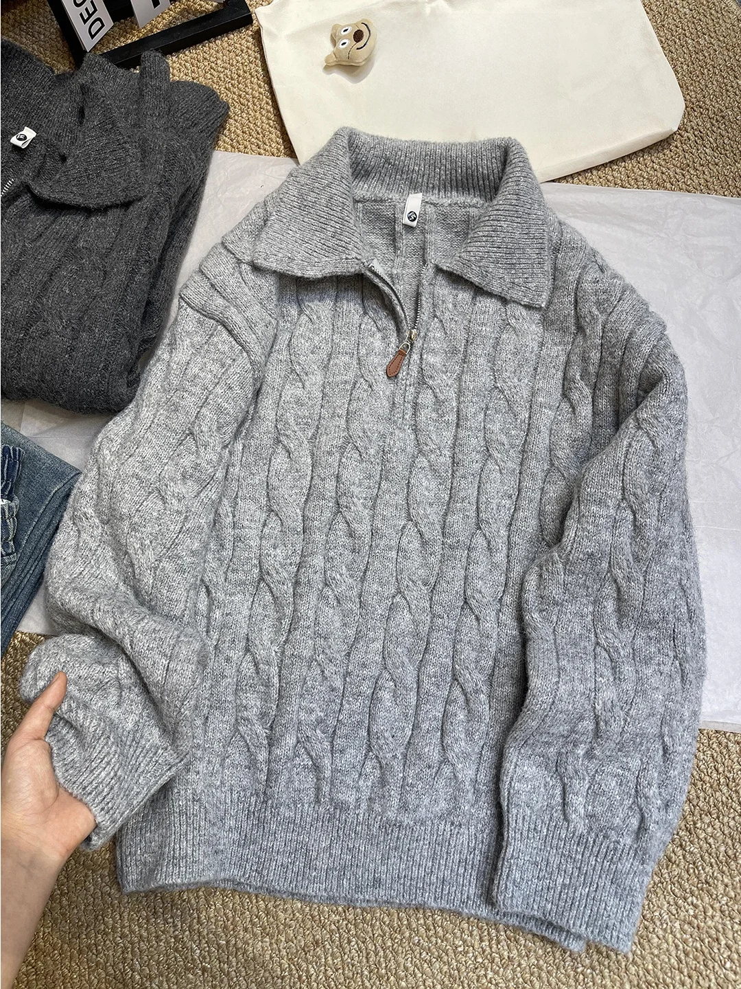 

Мужской зимний вязаный свитер Light ey Twisted f Zip с отложным воротником, базовый трикотажный топ для ношения под одеждой