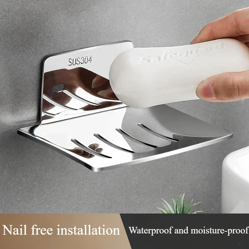 Self-adhesive Wall Mounted Bathroom Soap Holder 304 Stainless Steel Soap Dishes Rustproof No Drilling Soap Sponge Tray