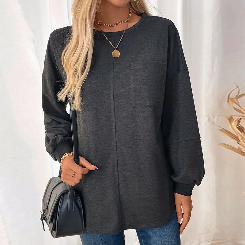 Grey Casual Round Neck Pullover Hoodie Loose Casual Solid Color Long Sleeved Women's Top Autumn Versatile New Item 2024 Hoodie