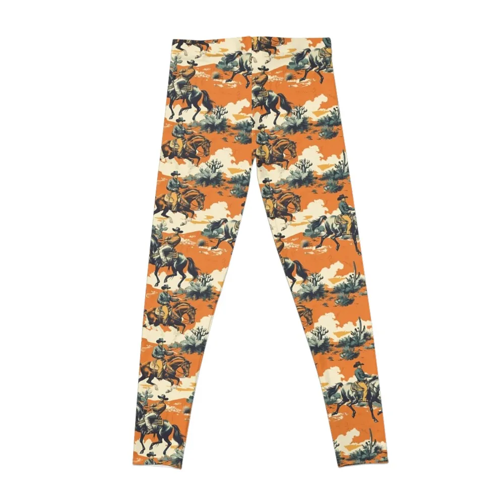 Sunset Trails: Vintage Cowboy Print on Orange Leggings push up legging legging push up Sports female Womens Leggings