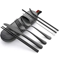 7Pcs/set Tableware Reusable Travel Cutlery Set Camp Utensils Set with Stainless Steel Spoon Fork Chopsticks Straw Portable Case