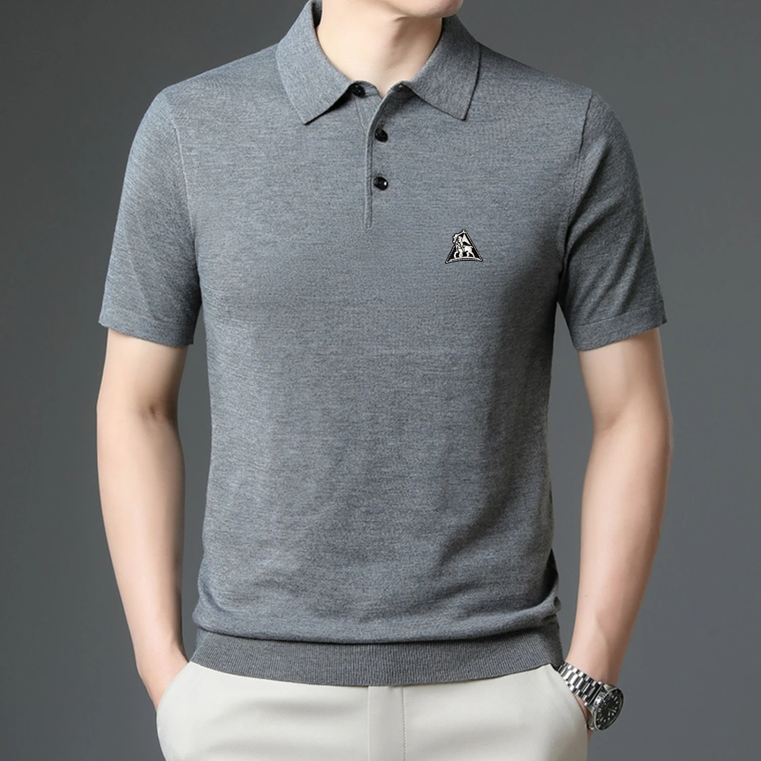 Men Spring Summer Wool Lapel Short Sleeve Knit Polo Shirt Soft Breathable Fashion Casual Versatile Dad Top
