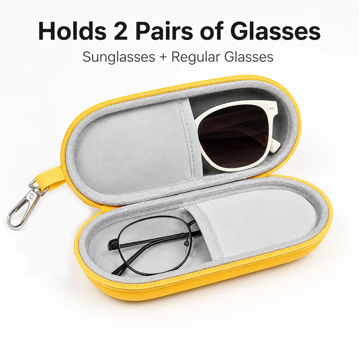 1Pc Double Layer Glasses Case PU Sunglasses Storage Box with Metal Clip Zipper Portable Eyewear Organizer for Travel Daily Use
