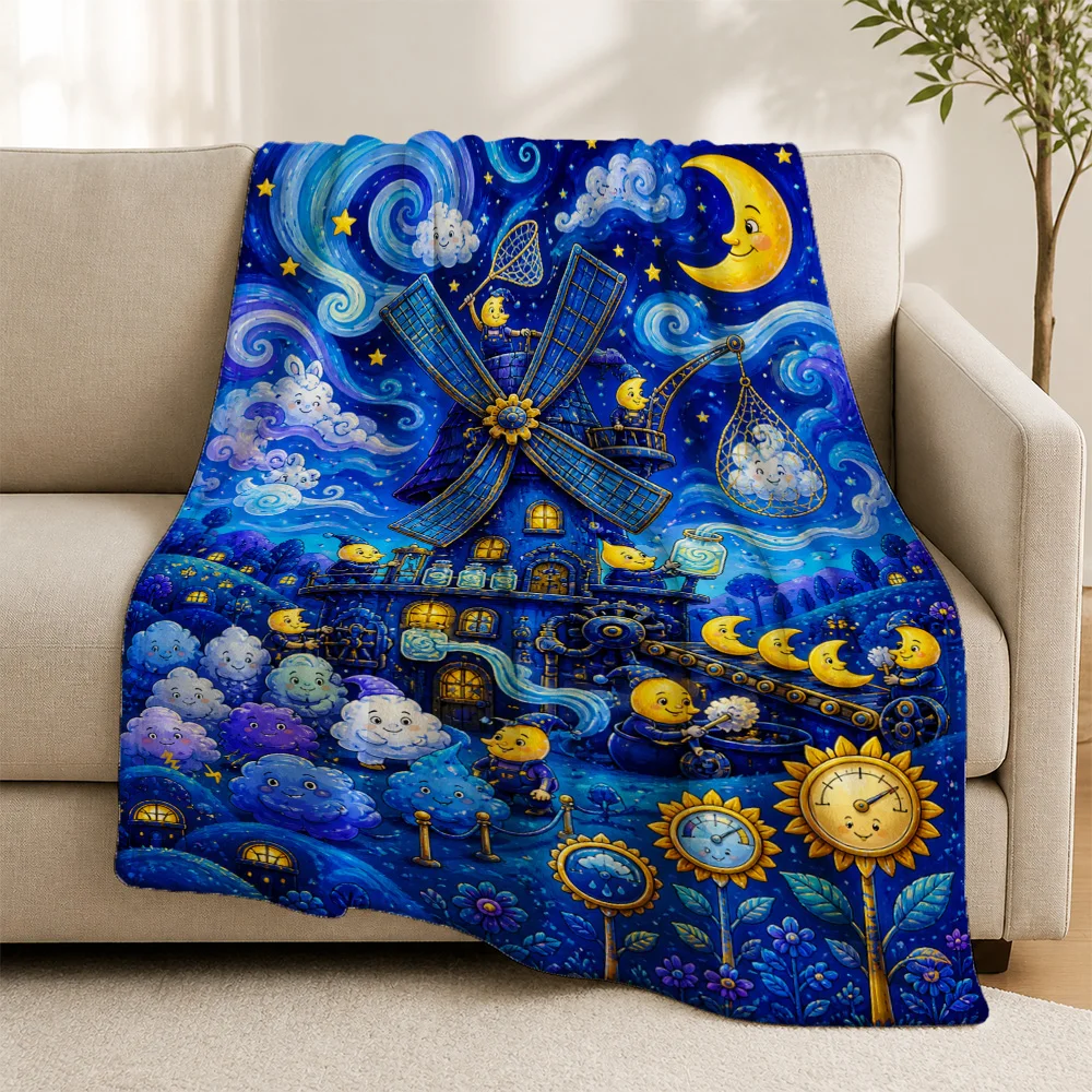 Whimsical Nursery Sky Windmill Throw Blanket for Sofa Couch Cover Blue Fairy Tale Tapestry Kids Decor Christmas Gift Home