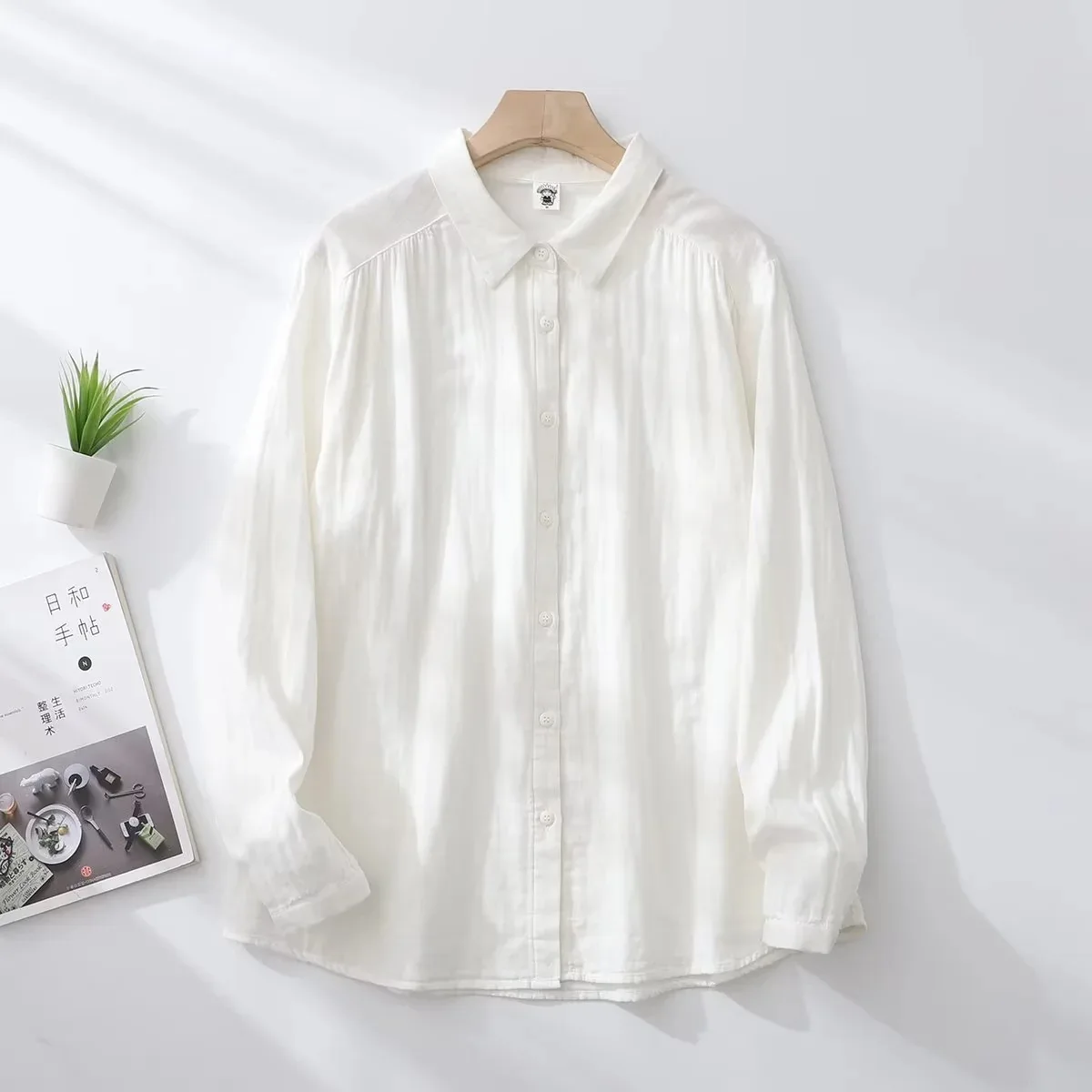 New Spring Women Double-layer Cotton Shirts Solid Full Sleeve Pleated Loose Solid Casual Soft Blouse Office Lady Work T34408X