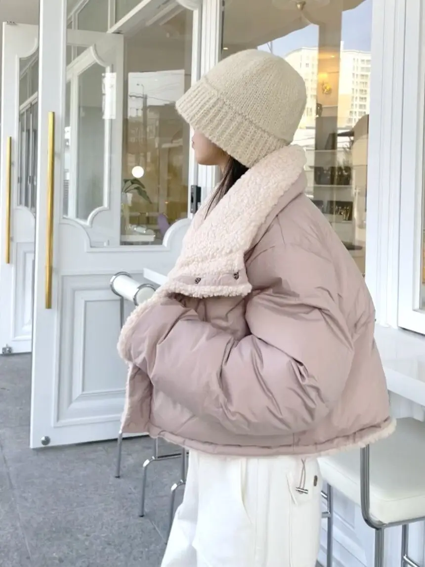 2025 New Lamb Wool Splicing Down Cotton Clothes Women Wear Large Lapel Collar Short Coat on Both Sides