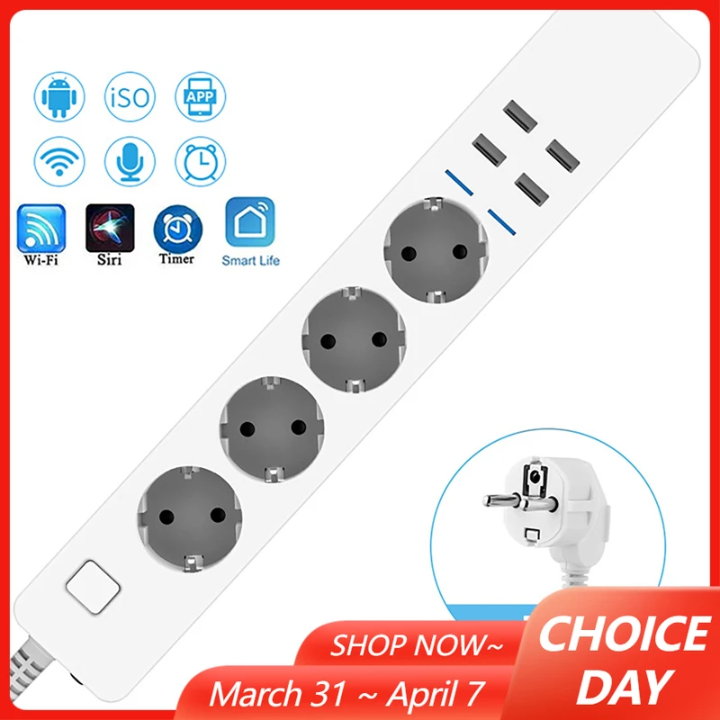 

Многофункциональный интеллектуальный удлинитель Wi-Fi 8-в-1 с 4 розетками переменного тока + 4 розетками USB-переключателя с таймером USB-зарядное приложение с голосовым управлением