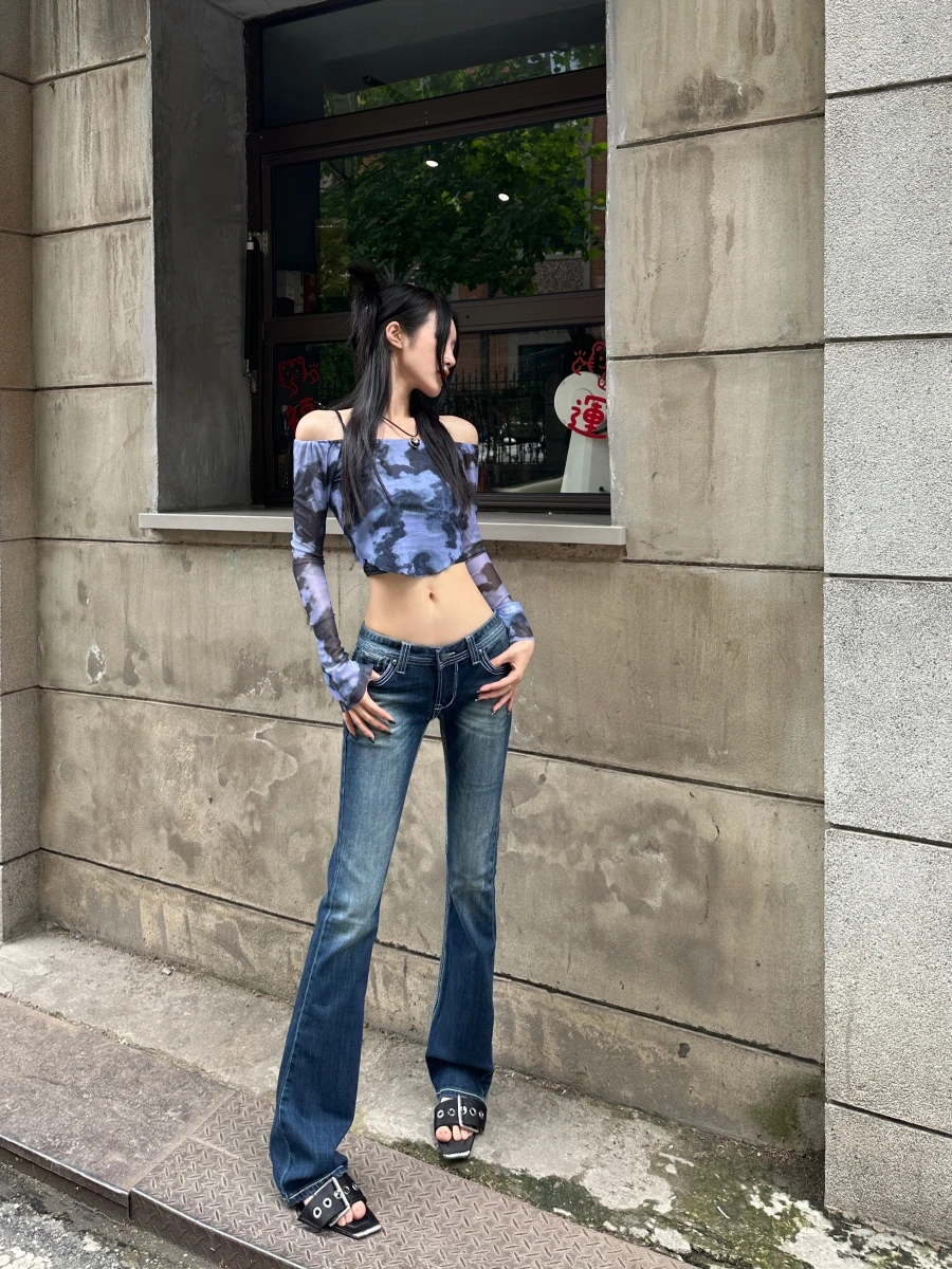 

Tristine2023 Весенние новые джинсы длиной до пола с прямыми штанинами, женские джинсовые джинсы с индивидуальным узором и заниженной талией на молнии Clo...