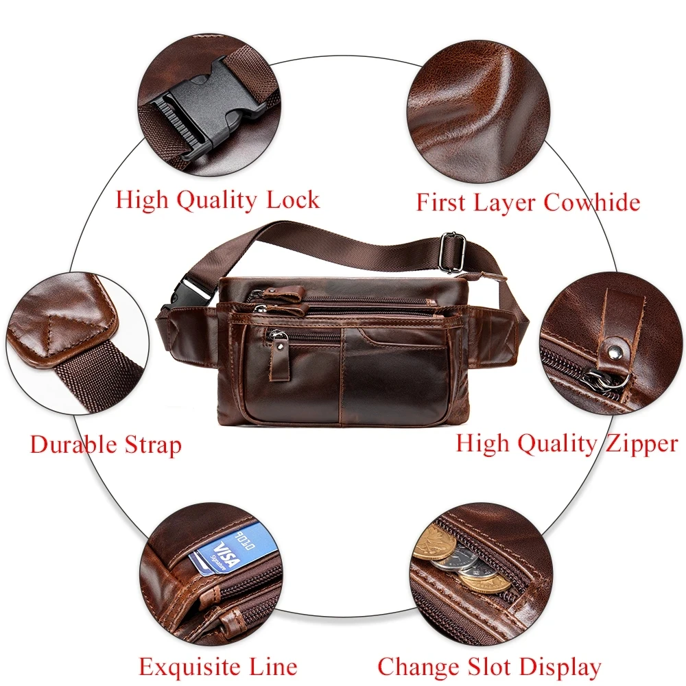 Sac de taille en cuir de cheval pour homme, sac de poitrine en cuir de vachette, petit sac de voyage pour homme, poudres de téléphone, élan à 2 usages