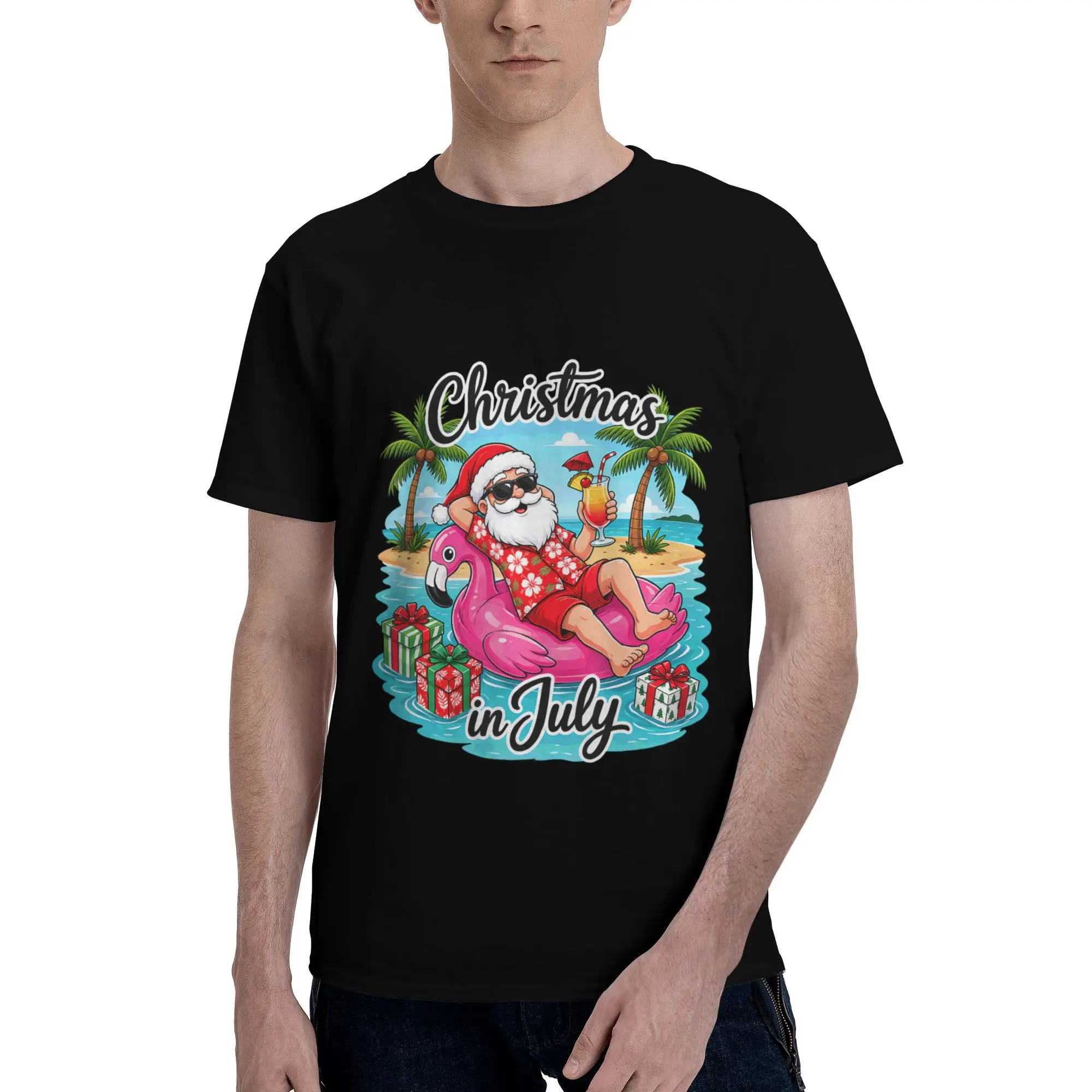 Christmas in July Flamingo Float Santa Hawaiian Vacation Men T-Shirt Clothes  Crazy Tees Short Sleeve fugees 100% Cotton