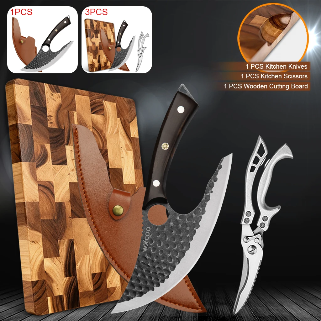 

WXCOO Stainless Steel Chef Knife Meat Cleaver Kitchen Scissors Cutting Board Made of High Quality Acacia Wood on Both Sides