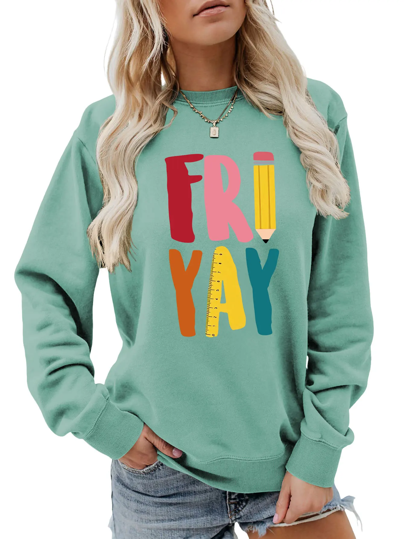 Autumn and winter new long-sleeved T-shirt hoodie fri yay printed casual loose fashion crew-neck top all match women's pullover