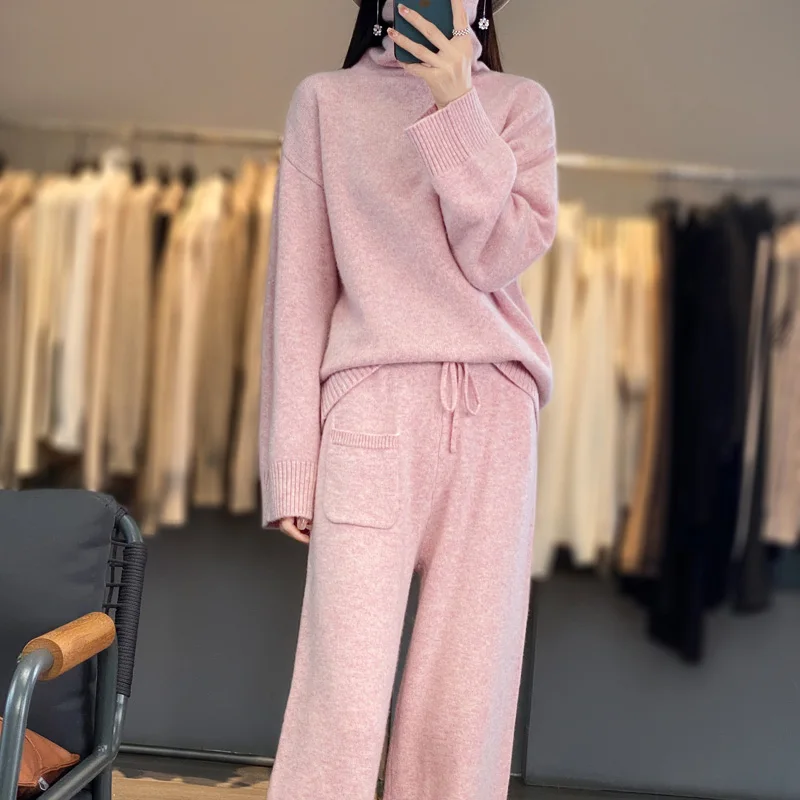 Women\'s Suit 23 Fall-Winter New 100% Merino Wool Turtleneck Pullover Fashion High Waist Wide Leg Pants Knit Two Piece Large Size