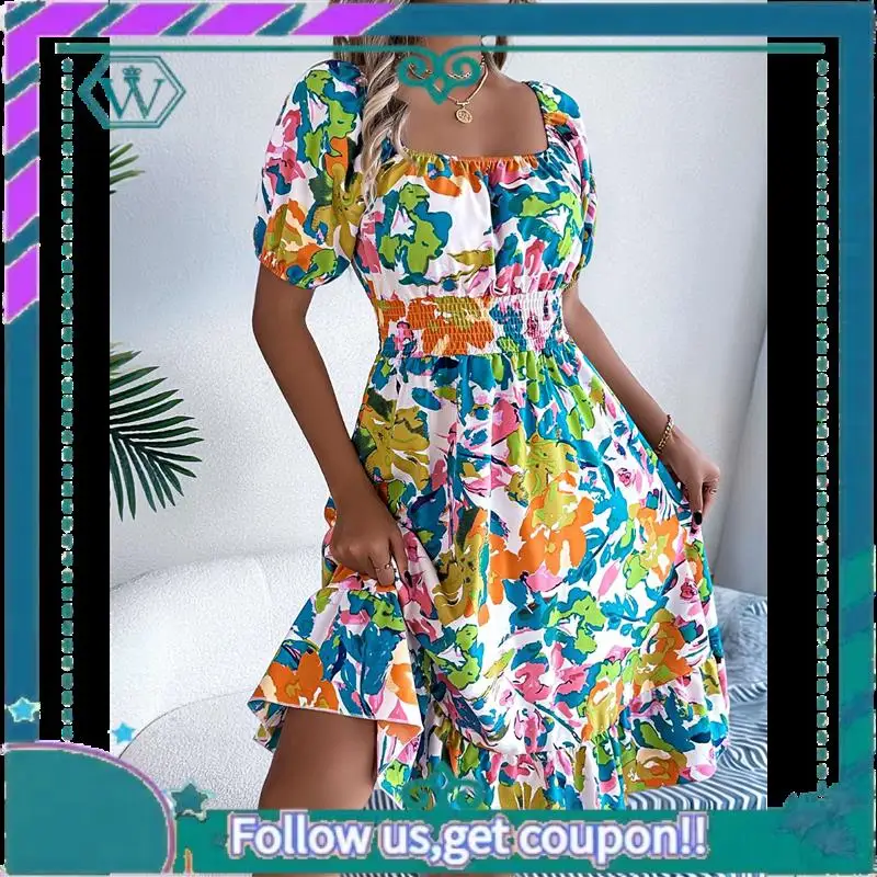 A09P Abiti casual estivi da donna 2025 Primavera Manica a sbuffo Collo quadrato A-Line Flowy Boho Abito longuette smock floreale