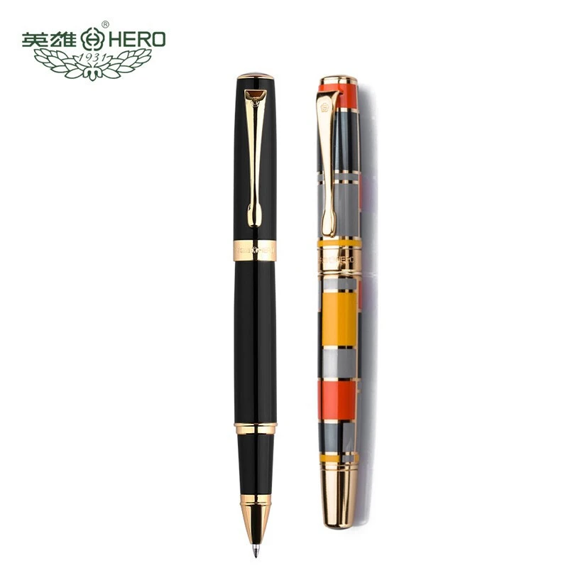 

Hero 767 Art Series Red Blue Yellow Barrel Roller Ball Pen Refillable Gold Trim Office School Writing W/Gift Box Accessory