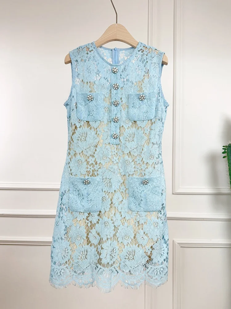 

SMTHMA 2025 New Spring/Summer Small Fragrant Style Runway Dress Exquisite Diamond Buckle Lace Hollow Out Elegant Runway Dress