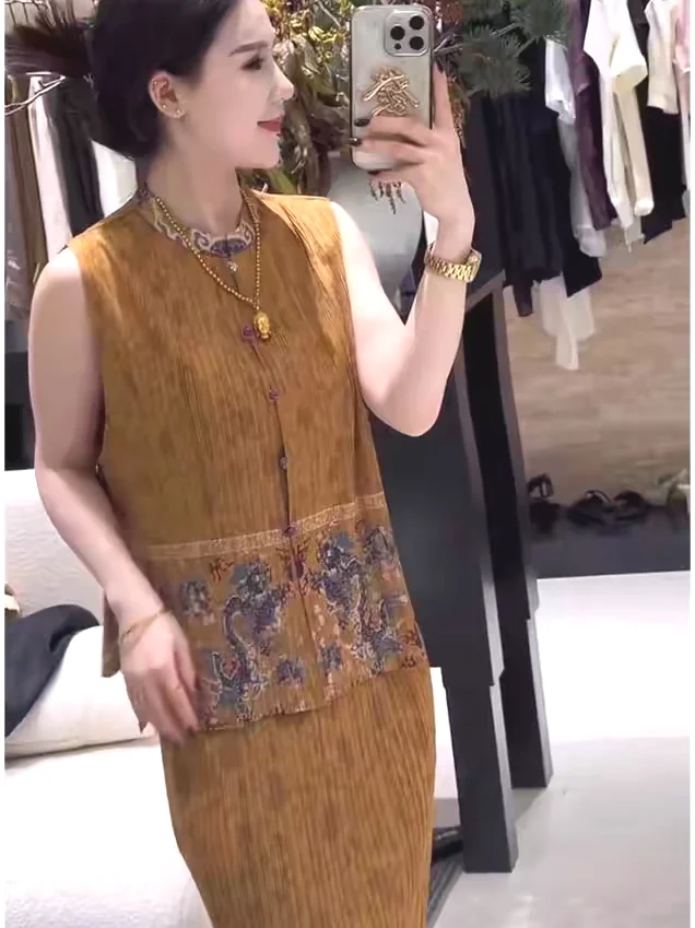 

Модный женский жилет с ретро-принтом, высокой эластичностью, плиссировкой «аккордеон», круглым вырезом, в национальном стиле, для повседневной носки