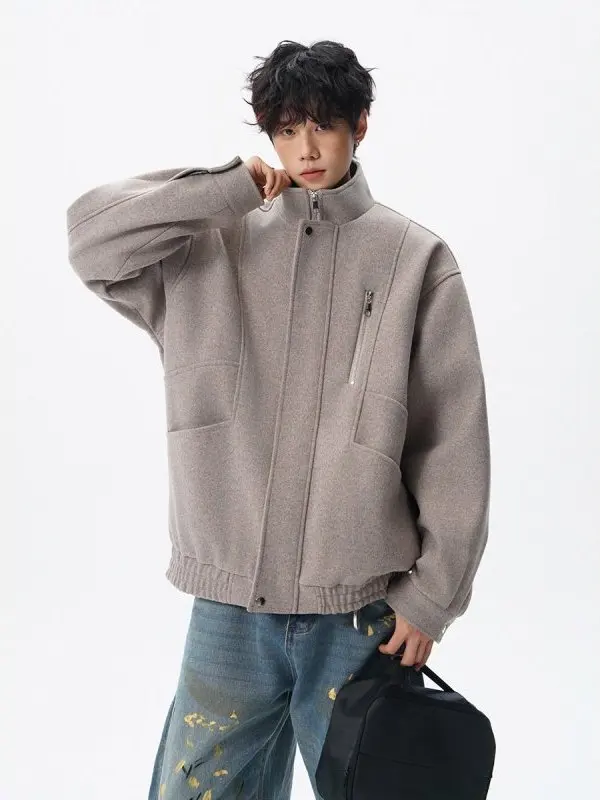 レトロアメリカンデコンストラクトジャケットメンズカジュアルオーバーサイズウールコートルーズフィットスタンドカラー秋トレンドブランド