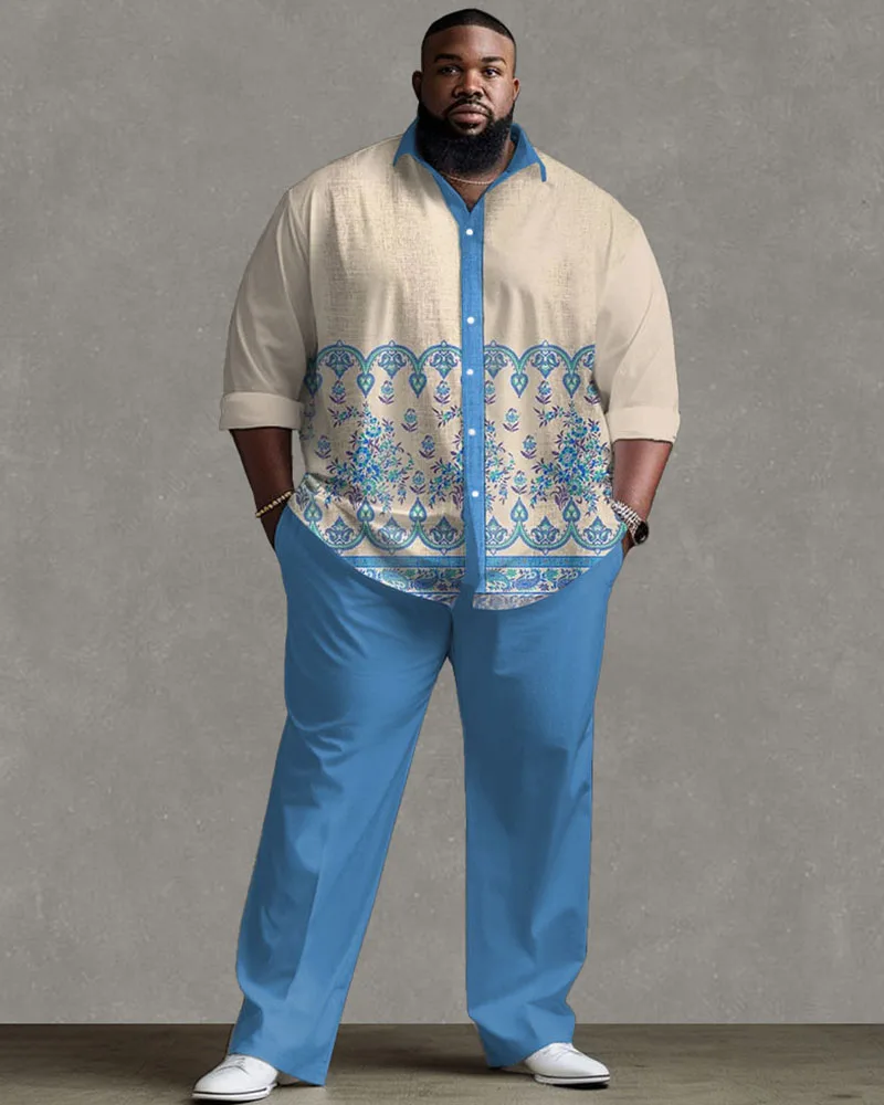 L-9XL Plus Size Men\'s Business Classical Vintage Traditional Floral Pattern Long Sleeve Shirt Straight Pants Suit ZOOY