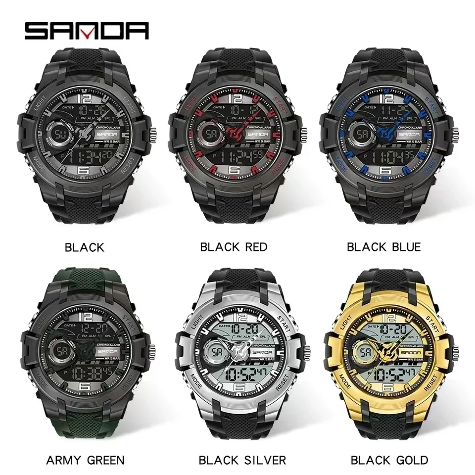 SANDA Fashion Alarm Mode Sports Hand Clock for Teenagers Multiple Functions Waterproof Luminous Analog Digital Wrist Watch