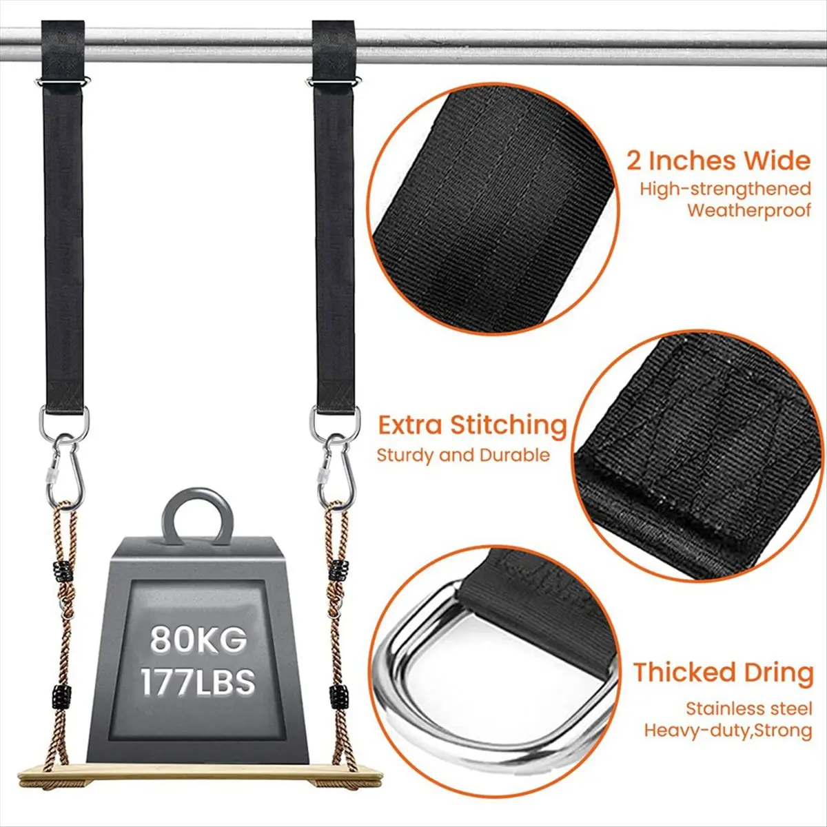 A06K 2Pcs Tree Swing Straps Hanging Kit with 2 Carabiners Single Bar Extension Belt Belt 2m