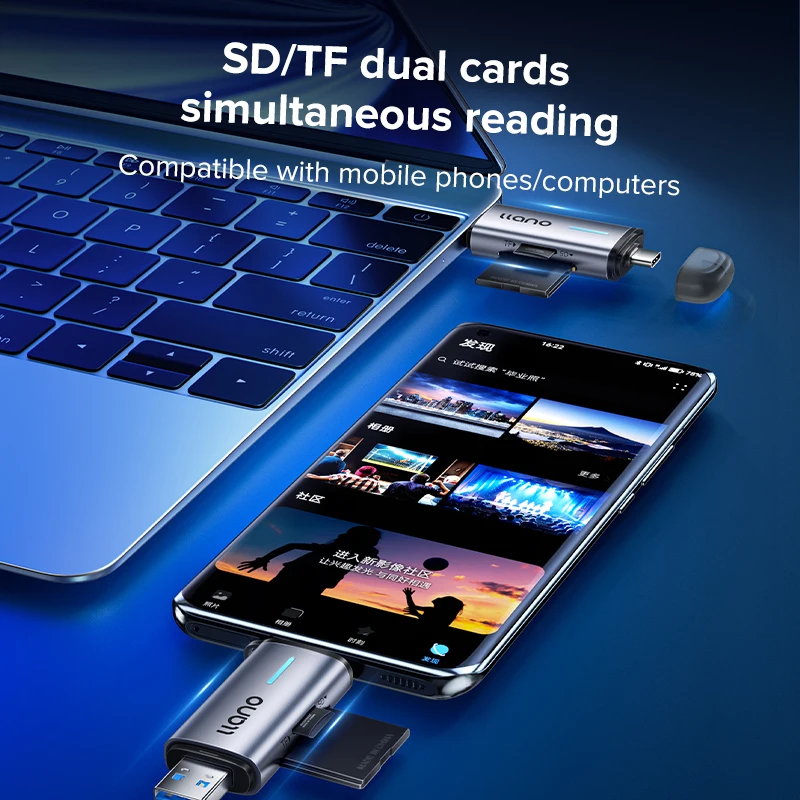LLANO Card Reader Type-C USB 3.0 SD TF Micro SD Memory Card, Support Simultaneous Reading, Compatible with PC Phone Tablet