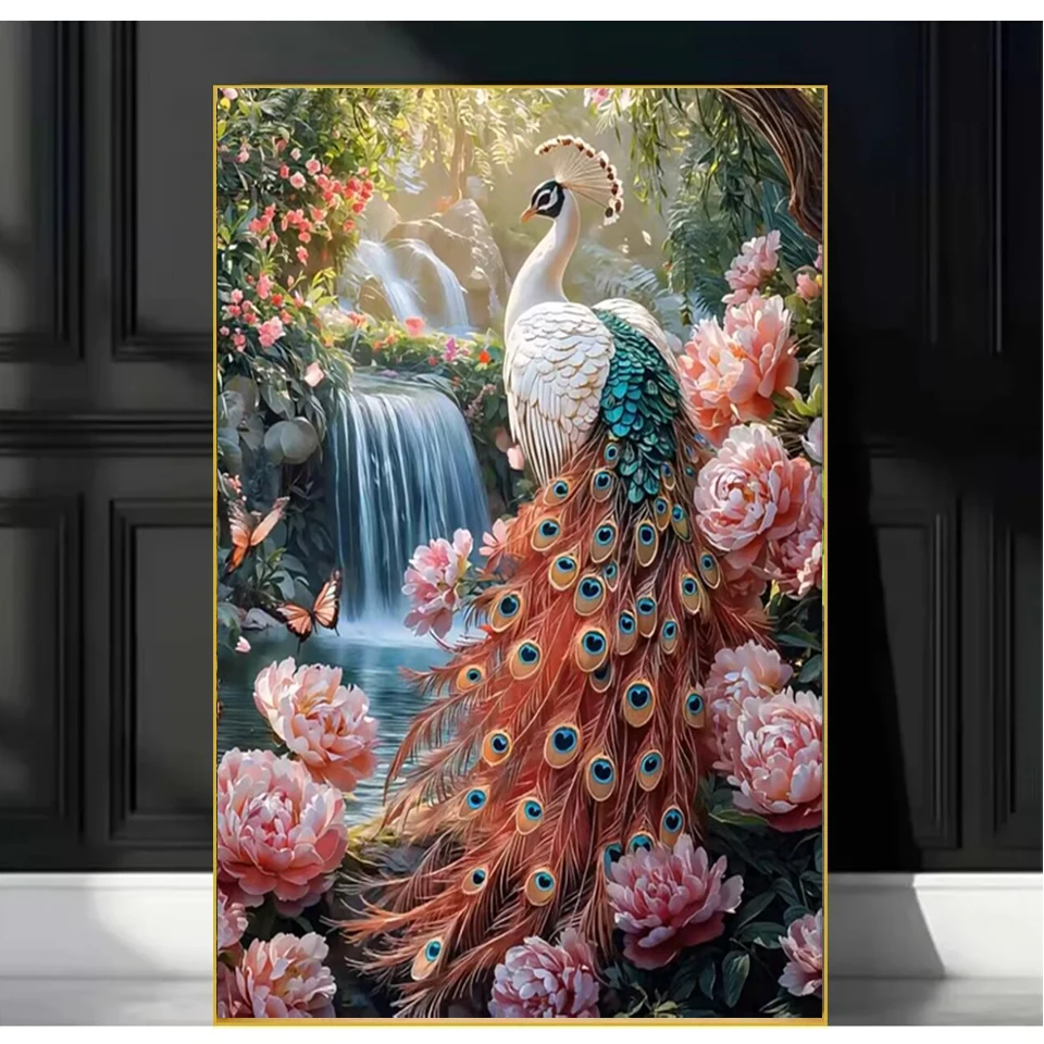Peacock Bird Canvas Painting Elegant Wildlife With Long Colorful Tail Feathers Surrounded By Vibrant Peony Flowers Waterfall