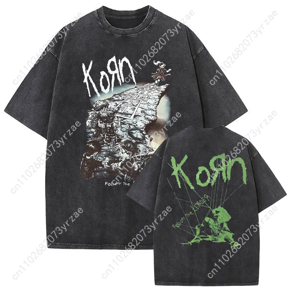 Rock Band Korn Retro Wash Tshirt Man Woman High Quality Vintage Tee Cotton Short Sleeves Fashion T-shirt Soft Breathable Tops
