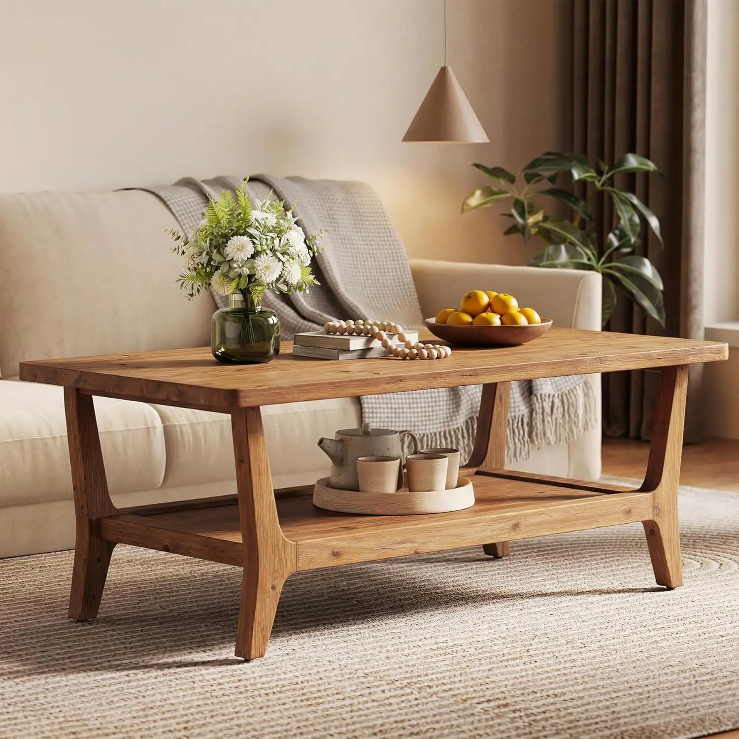 

Solid Wood Coffee Table, 47-Inch Living Room Center with Shelf, 2-Tier, Smooth Corners, Easy Assembly, Brown