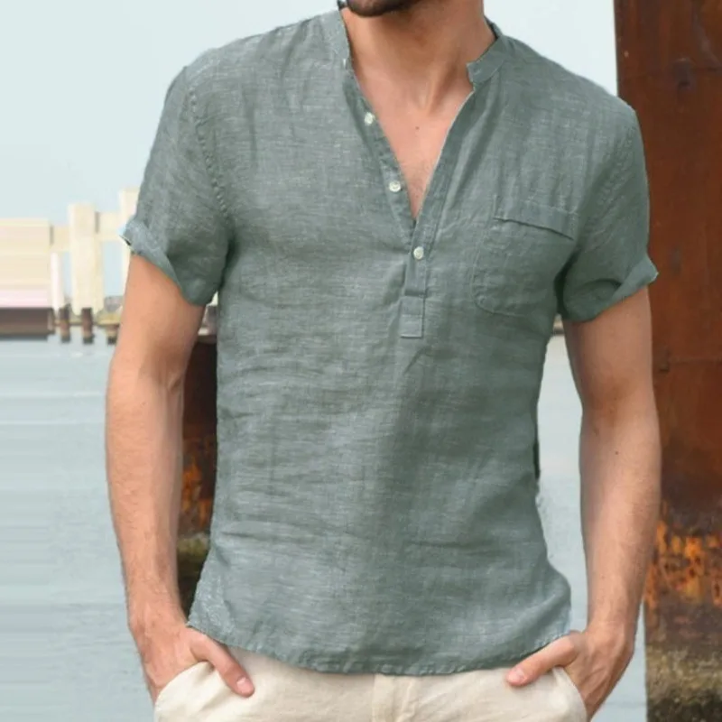 Camisa de manga corta de algodón y cáñamo para hombre, camisa Simple con cuello levantado y hebilla, parte Frontal Medio abierta, novedad de verano