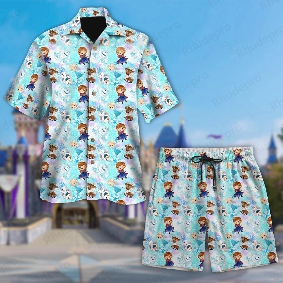 

2025 Summer Disney Princess Men Women Hawaiian Shirt Suit Of 2 Vintage Button Up Shirt Board Shorts Casual Set