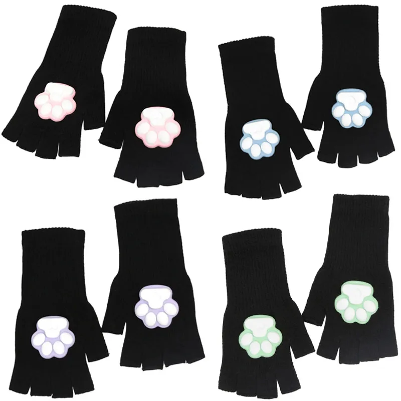 Autumn Winter Half-Finger Gloves for Women Cute Cat Paws Knitted Soft Comfortable for Warmth Fingerless Gloves Working Daily Use