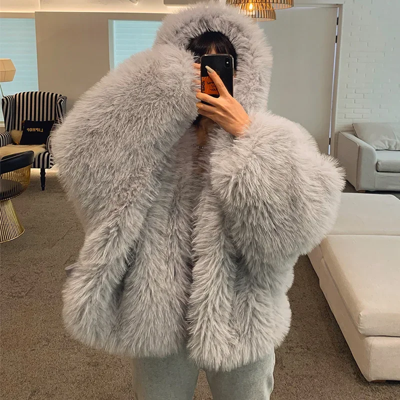 

Artificial Fox Fur Grass Coat for Women's Short Winter Hooded Loose Lazy Knitted Thick Warm Fur Outerwear Long Sleeve Jackets