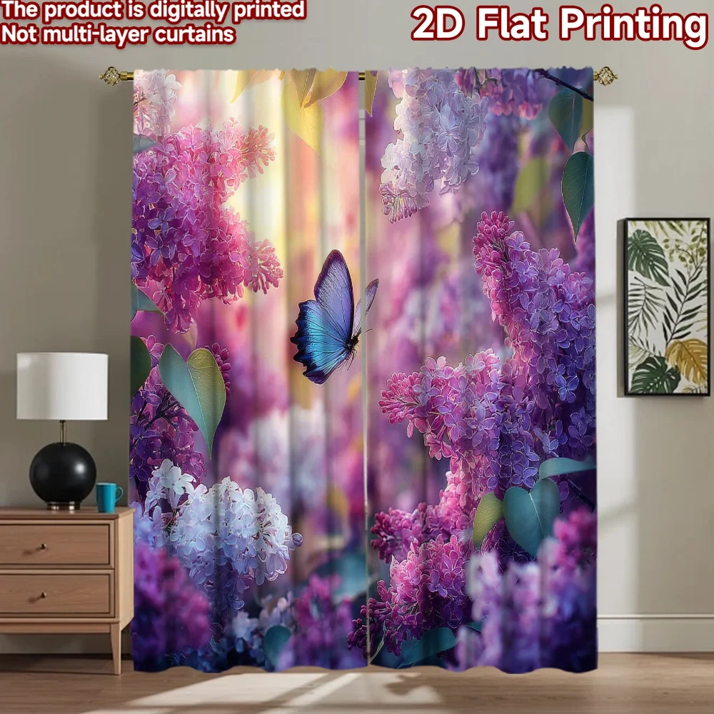 2D flat printing 2pcs Drapes Butterfly Lilac Flowers Garden Digital Printed Polyester Drapes Birthday Party for Indoor